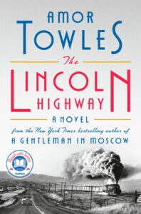 Cover of the Lincoln Highway featuring a car and locomotive travelling in parallel, smoke billowing from the train's engine on the lower right and a circa 1950s car on the lower left