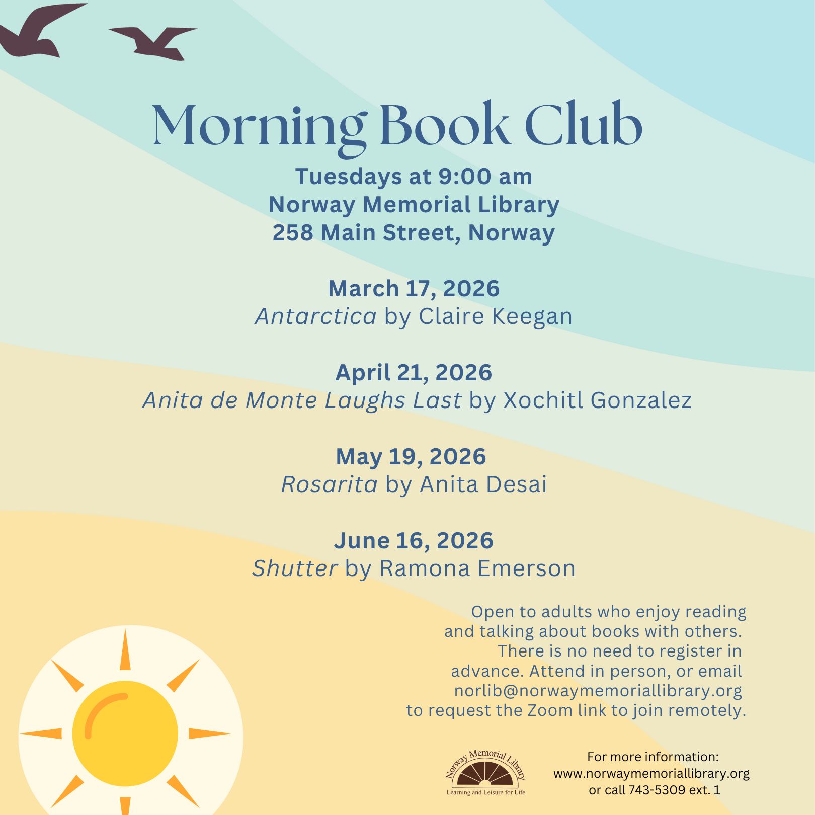 2026 book club poster Square Instagram Post Blue/green and yellow sky and sun design with birds flying and the list of upcoming books Morning Book Club will be reading.