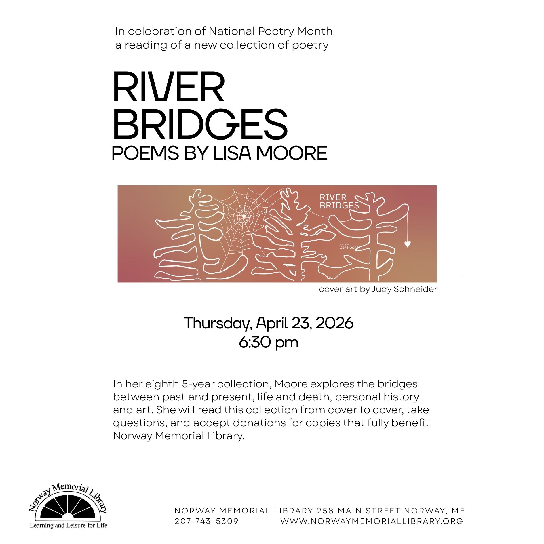 Black sparse text on a white background, and a brown and white print of trees and webs with the words RIVER BRIDGES in all caps. It is a clickable image announcing a poetry reading in celebration of National Poetry Month. 