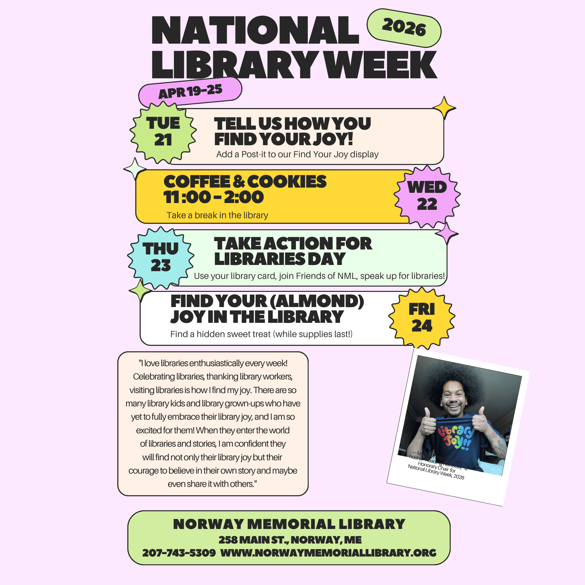 A clickable colorful image of a list of upcoming events for National Library Week!