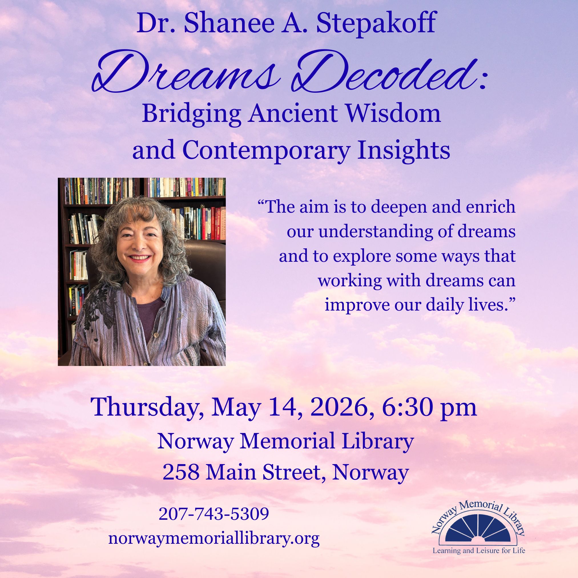Clickable image on a sunset colored background with a photo of a woman with grey curly hair and a big smile in front of a full bookcase, with purple text about a evening program on decoding dreams by bridging ancient wisdom and contemporary insights.