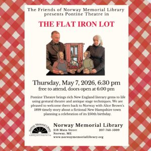 Red and white gingham checked background with an image of two puppeters and the flat cardboard cutout puppets they use to tell their stories, along with information about an upcoming Pontine Theater performance of The Flat Iron Lot. 