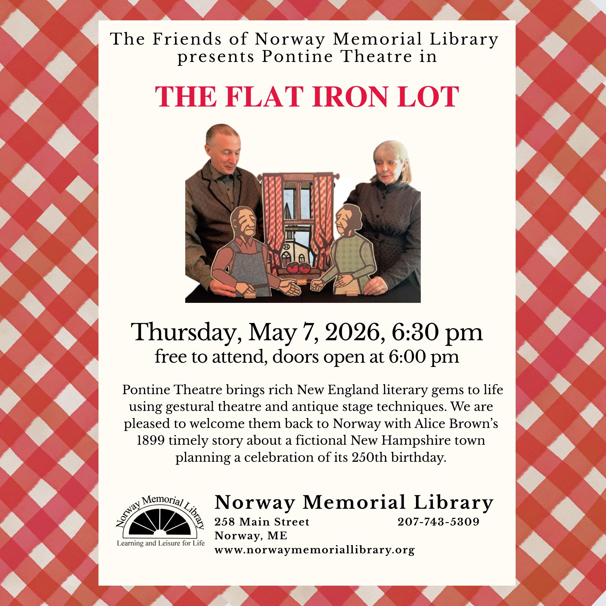 Red and white gingham checked background with an image of two puppeters and the flat cardboard cutout puppets they use to tell their stories, along with information about an upcoming Pontine Theater performance of The Flat Iron Lot.