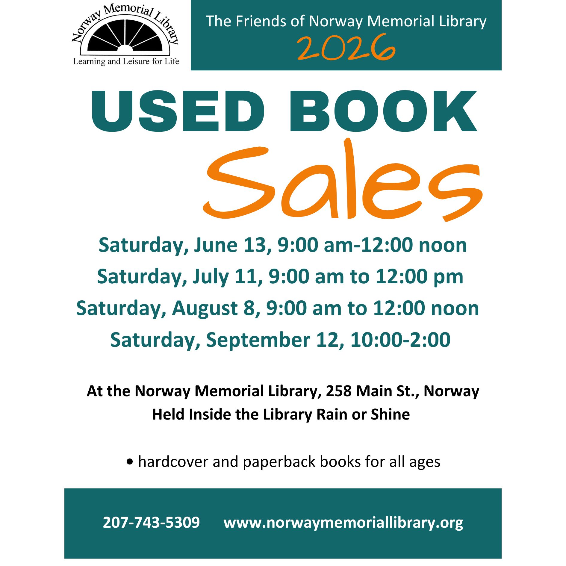 Clickable image of the library's logo and mostly green text on a white background announcing four used book sales on the second Saturday of June, July, August, and September that will take place in the library. 