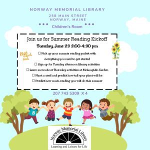 Image of five children jumping for joy on a blue bird day with trees in the background. This clickable image is an annoucement about the Summer Reading Kickoff Event on Tuesday, June 23!