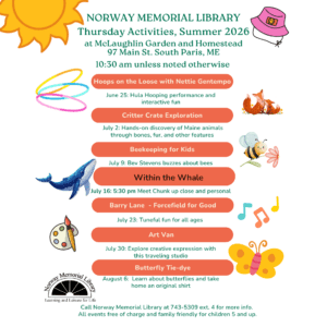 Colorful poster with red highlights of Family Friendly events on Thursday mornings in the garden!
