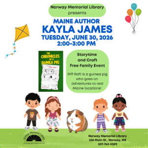 Summer themed photo with four children and a guinea pig outside with a kite and balloon in the background. There is also a book in the middle of the image called "The Chronicles of a Guinea Pig". It is a book by Kayla Jones, the author that is coming to the library for Storytime and Craft.