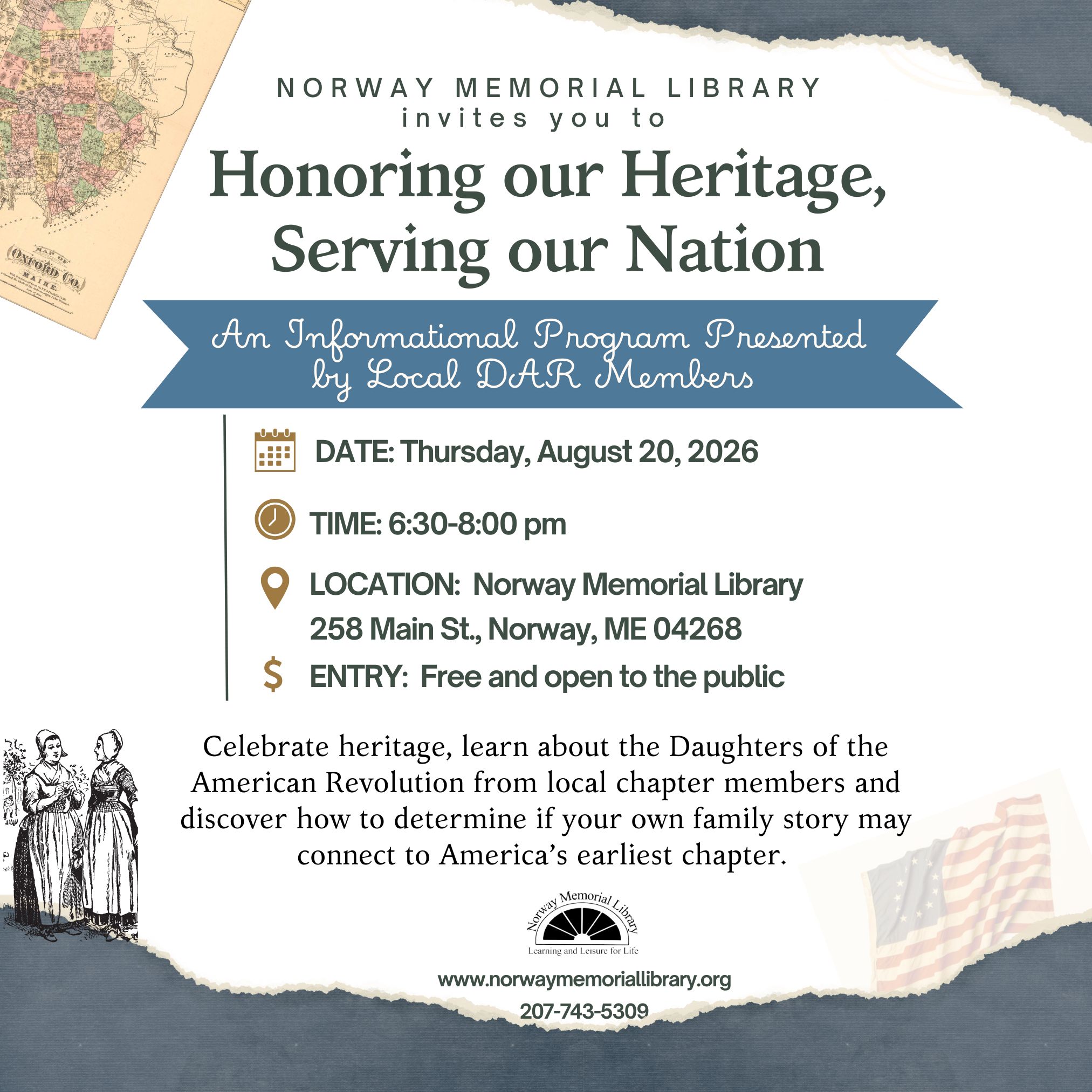 DAR Event poster (Instagram Post) Pictures of old documents, images of aged, torn paper, drawings of women from the 1700s and text announcing an event titled Honoring our Heritage, Serving Our Nation with the Daughters of the American Revolution.