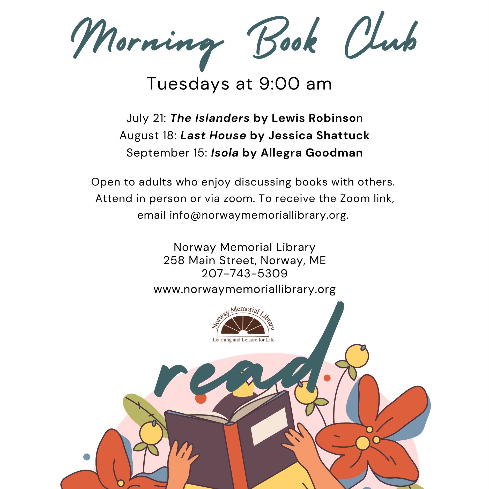 Fun, cartoonish illustration of a woman reading outside surrounded by flowers under a list of the upcoming books chosen for Morning Book Club and the dates of those book club discussions in July, August and September. 