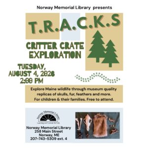 Event announcement for Critter Crate Exploration called T.R.A.C.K.S. for children with pictures of animal bones and furs.