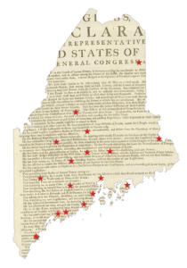 The text of the Declaration of Independence cut into the shape of Maine.