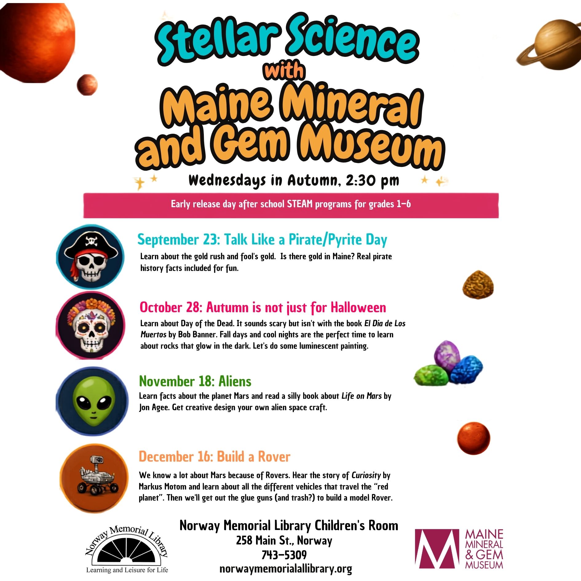 Clickable image with youthful bubble lettering in bright colors describing a series of 4 Stellar Science events on Wednesdays in the fall of 2026. Each event has a fun graphic related to the science event and book being read during that event!